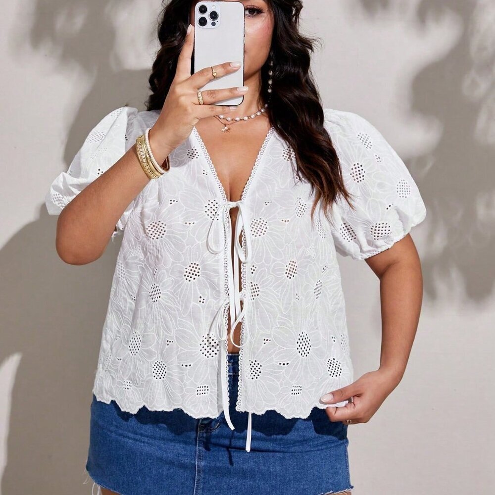 White Casual Women's Plus Size Lantern Sleeve Lace-Up Hollow Textured Shirt